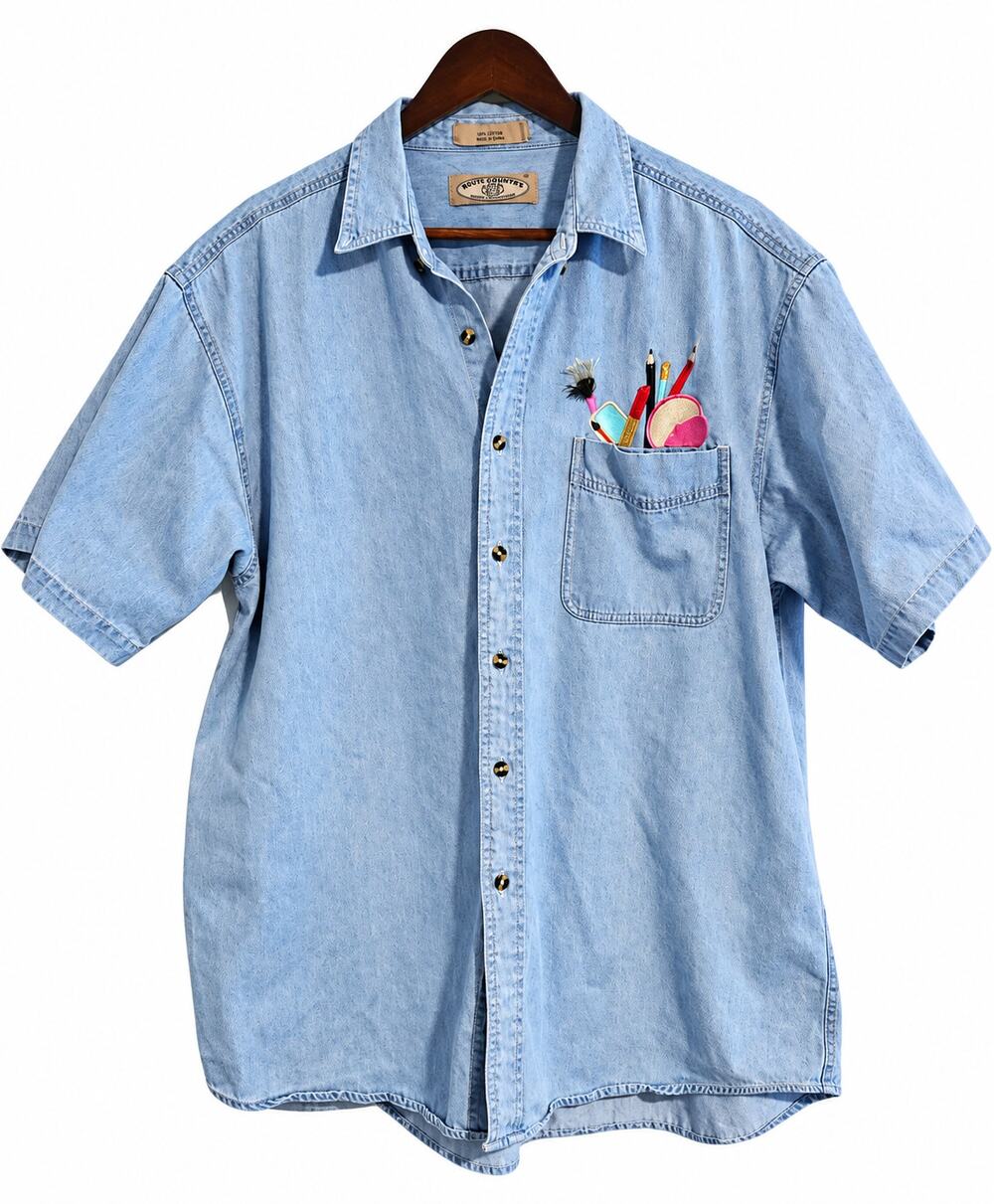 Most Wanted Denim Shirt Light Wash Short Sleeve Embroidered 100% Cotton
